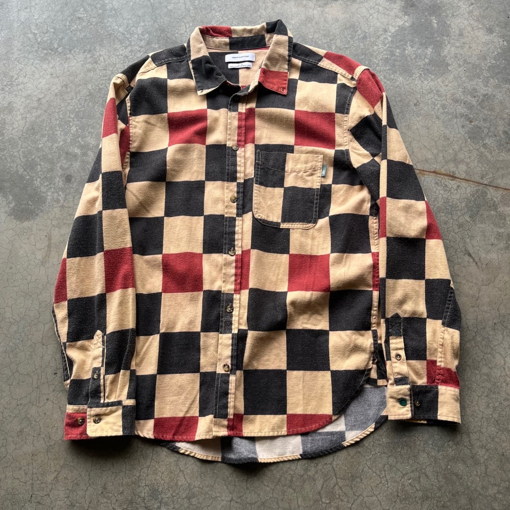 Urban Outfitters Mens Flannel Shirt Large Tan Black Red Checkerboard Button Down